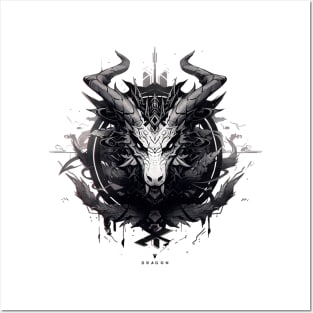 Black and white illustration of a dragon's head Posters and Art